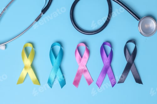 Preview: Cancer awareness ribbons with stethoscope