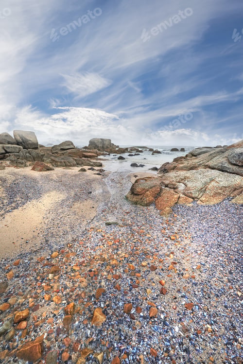 Preview: Rocky and sandy coast Camps Bay. Rocky coast of Western Cape, South Africa.