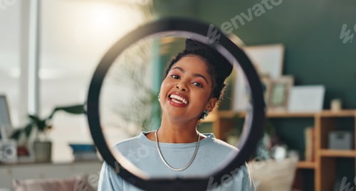Preview: Girl, influencer and home with smartphone for social media or online vlog and live streaming. Woman