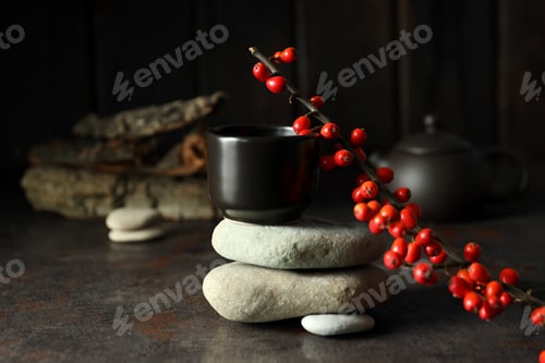 Preview: Asian tea concept, cup on dark background.