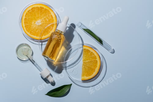 Preview: Cosmetic package dropper bottle in petri dish. natural organic beauty product concept mock up