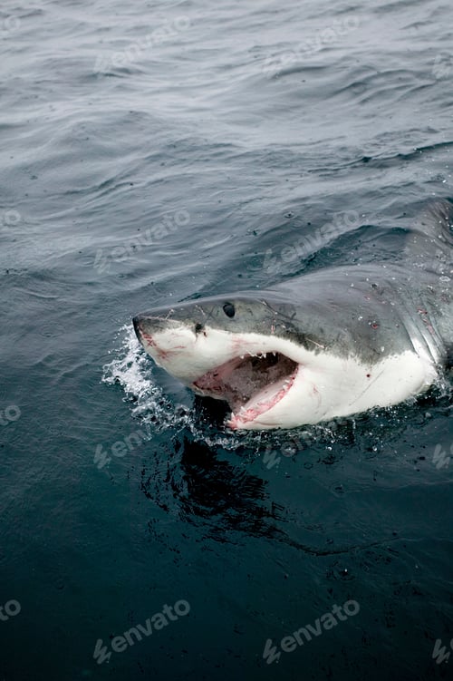 Preview: angry great white shark swimming outside water