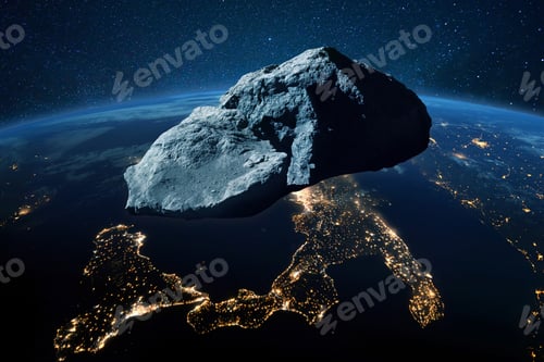 Preview: Asteroid flies near the blue planet earth with yellow city lights, view from space space