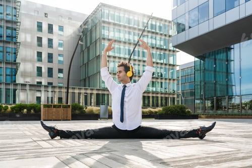 Preview: Flexible and cool businessman doing acrobatic trick