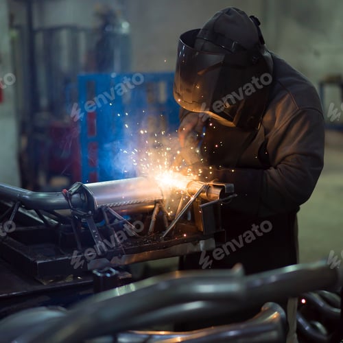 Preview: worker welding exhaust pipes pieces together