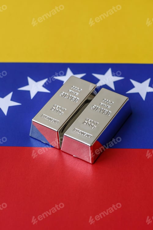Preview: A silver bar, white metal against a flag of venezuela, as a concept for the sales. A silver bar