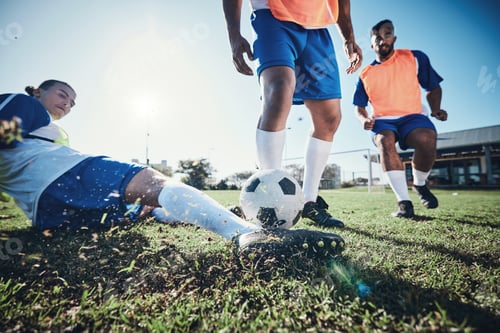 Preview: Football, men and exercise with action, grass and health with workout goal, fitness and motion. Mal