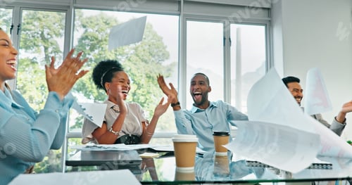 Preview: Celebration, teamwork and business meeting with documents in the air with motivation. Diversity, ex