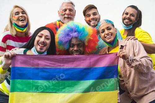 Preview: Happy Multiracial people celebrating gay pride festival during corona virus
