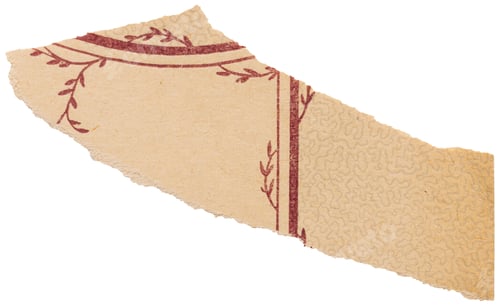 Preview: Torn piece of faded vintage book page, old paper scrap with red floral pattern isolated for collage