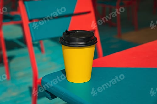 Preview: Bright yellow takeaway coffee cup on a colourful wooden table