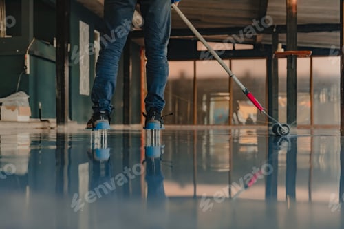 Preview: The worker applies gray epoxy resin to the new floor