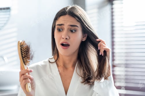 Vista previa: Shocked Female Brushing Hair In Bathroom And Worried About Hairloss