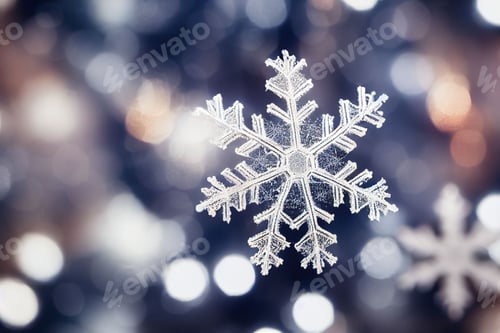 Preview: Closeup shot of a snowflake on the bokeh lights background