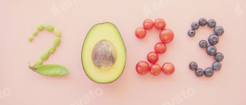 Preview: 2023 made from healthy food, New year health resolution, diet goal plan and wellness concept