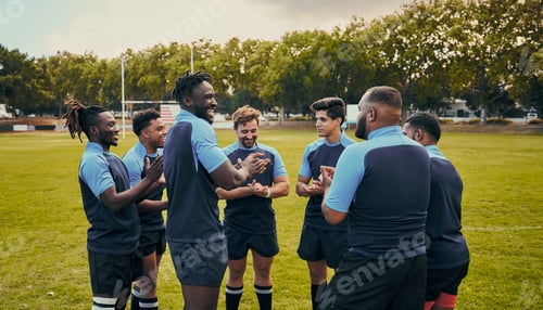 Preview: Diversity, team and men applause in sports for support, motivation or goals on grass field outdoors