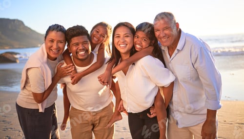 Preview: Big family, beach vacation and bonding of kids with parents and grandparents on travel holiday and