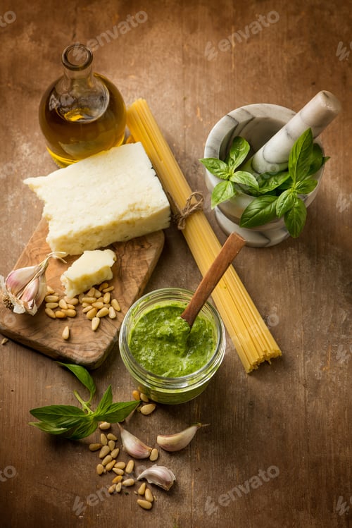 Preview: traditional italian pesto with raw spaghetti and ingredients
