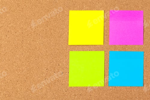 Preview: Cork board with several colorful blank notes with pins