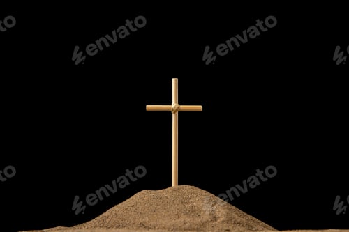 Preview: front view of little grave with cross on dark background funeral israel death palestine