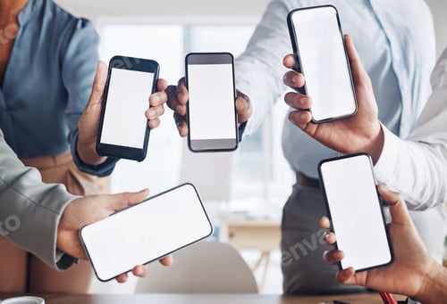 Preview: Business people, hands or phone screen on mockup in office networking, advertising or digital marke