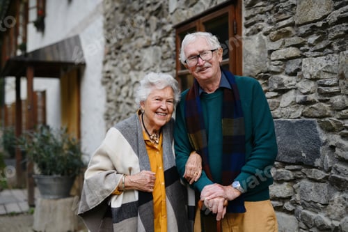Preview: Happy senior couple posing near old countryside house.