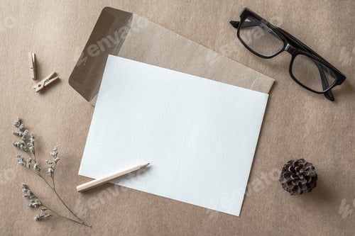 Preview: letters and dried flower in workspace with copy space