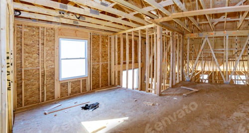 Preview: Wooden roof framework on stick built home under construction the framing