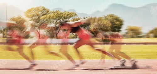 Preview: Fitness, speed and runner on track with blurred movement, training exercise and motivation for winn