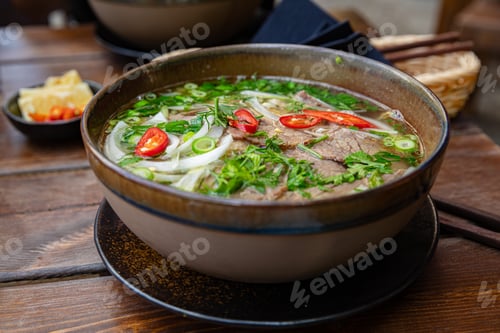 Preview: Close-up of fresh Pho soup in bowl served on table