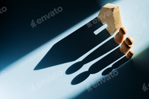 Preview: Miniature wooden house with shadows on blue background