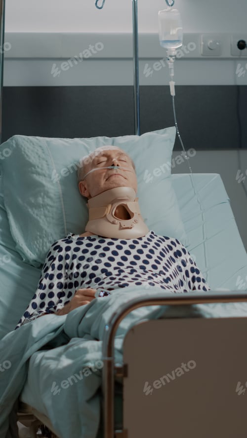 Preview: Portrait of old man with cervical neck collar resting