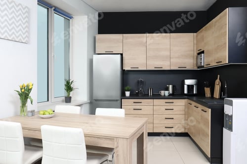 Preview: Cozy modern kitchen interior with new furniture and appliances