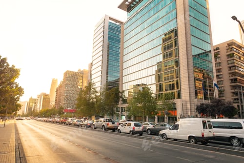 Preview: Apoquindo Avenue and modern buildings of Las Condes neighborhood at sunset - Santiago, Chile