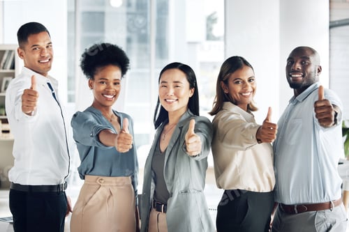 Preview: Portrait, team or thumbs up of business people in agreement for success growth in office room. Dive
