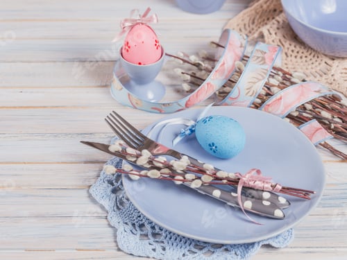 Preview: Easter Table Setting with Willow Branches, Colorful Eggs and Cutlery