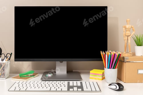 Preview: Workspace showing computer with black blank screen. Template mockup