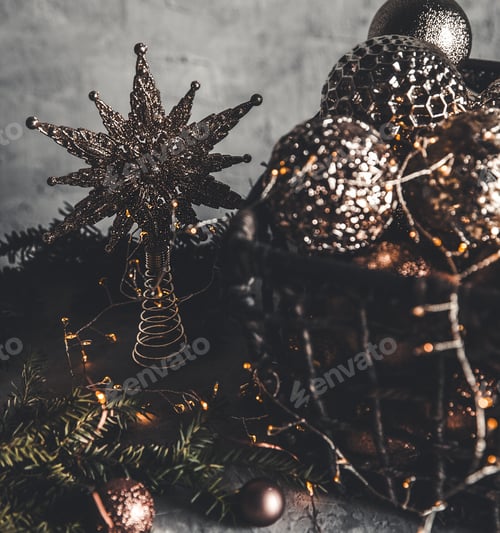 Preview: Wicker basket with Christmas toys and holiday decorations lights, copy space, new year decoration