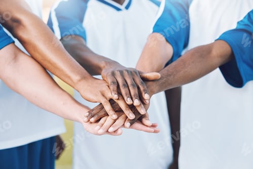 Preview: Sports, teamwork and stack of hands for soccer for support, motivation and community on field. Coll
