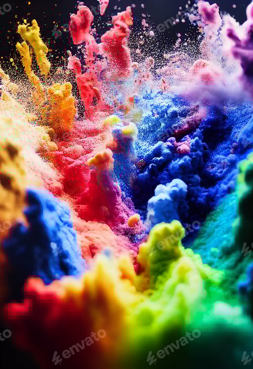Preview: Wallpaper banner background multicolor powder explosion, trending colors with copy space. Design tem