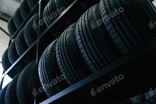 Preview: On the shelves. New tires are placed on the storage rack in the car workshop
