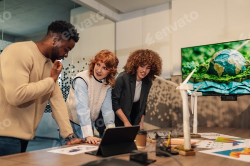 Preview: Diverse businesspeople discussing renewable energy sources project.