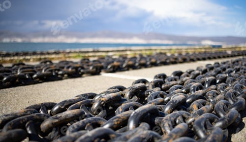 Preview: Chains for ships lies on the pier against the background of a cloudy sky and the Black Sea