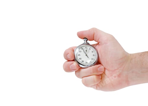 Preview: Male hand holding a stopwatch on white background