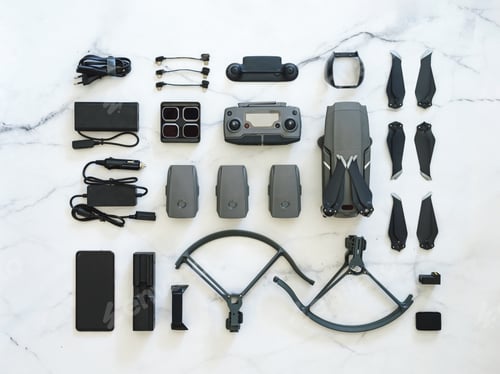 Preview: Folding drone, accessories, top view or flat lay