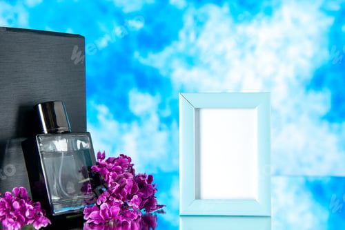 Preview: front view black fragnance with blue picture frame on light background scent love present perfume