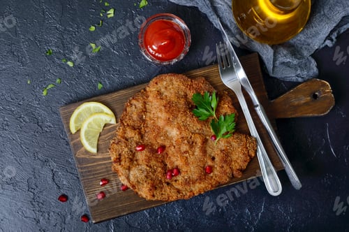Preview: Large Viennese schnitzel on a black background. Meat dish. Top view, flat lay.