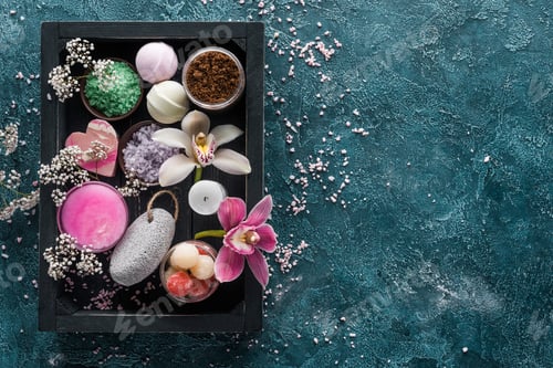 Preview: top view of sea salt, beautiful flowers and body care accessories in box