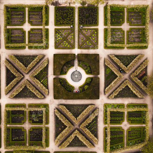Preview: Aerial view directly above a formal landscaped garden with square angles