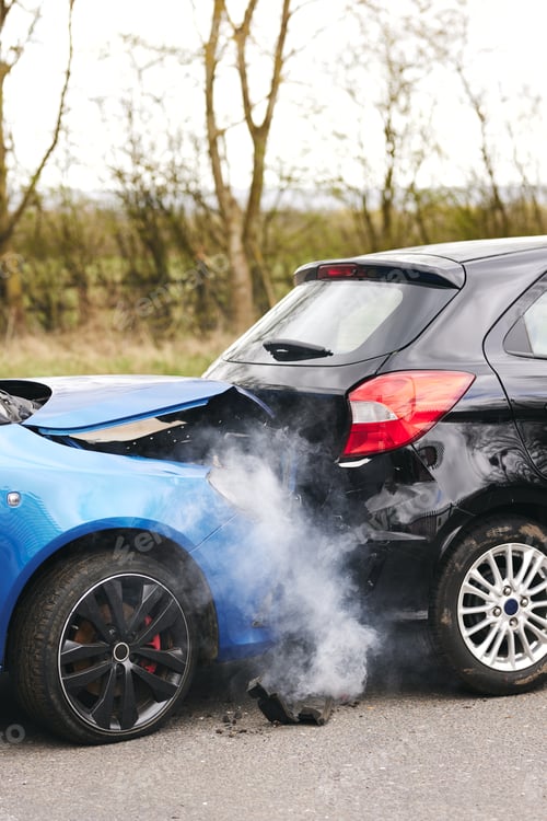 Visualização: Two Damaged Cars Involved In Road Traffic Accident Showing Smoke After Collision